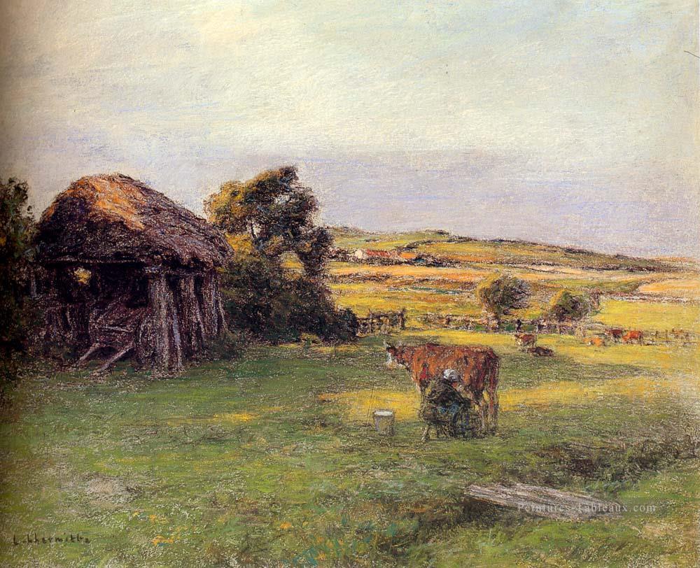 Paysage avec une paysanne traire une vache scènes rurales paysan Léon Augustin Lhermitte Peintures à l'huile
